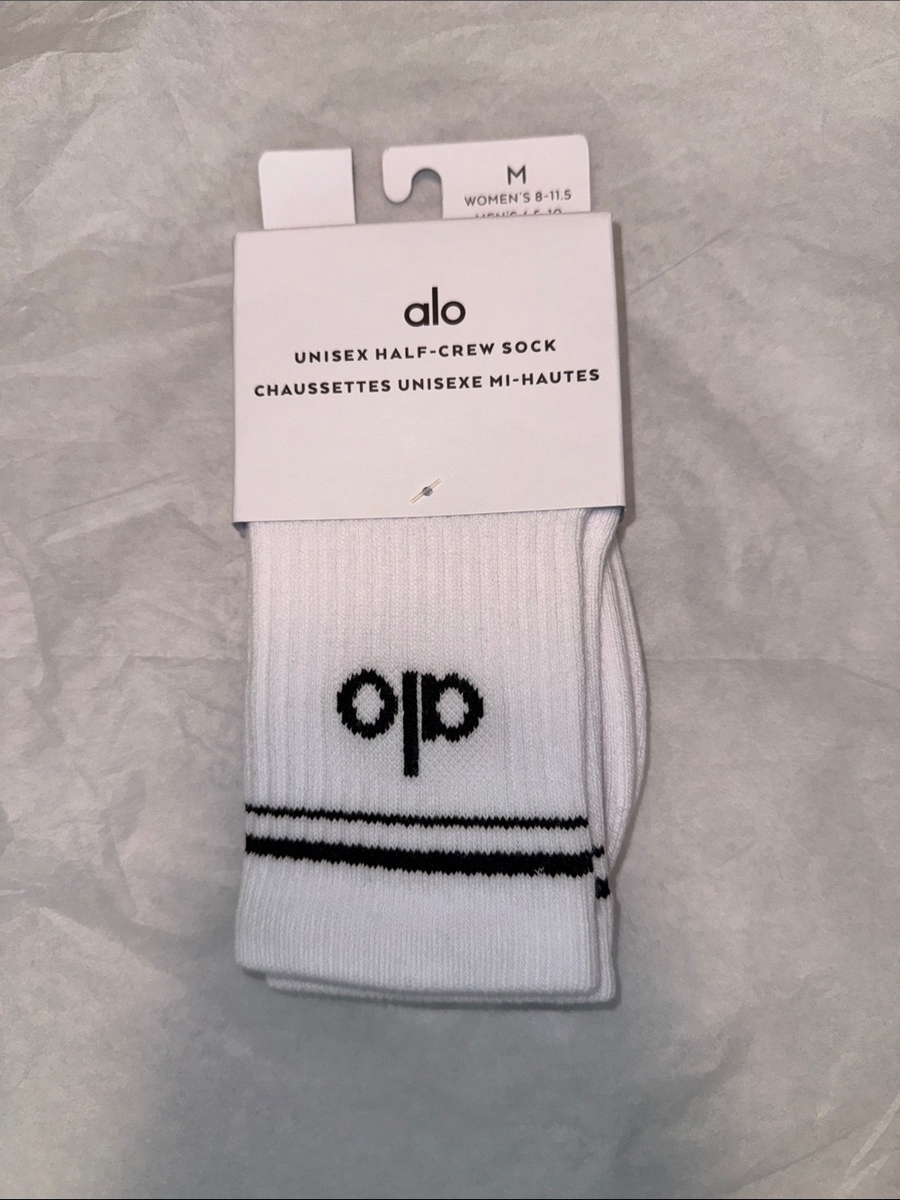ALO Yoga White Half-Crew Athletic Socks with Black Logo